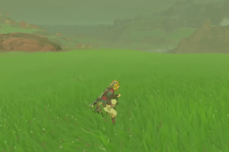 Link shield surfing through the grass